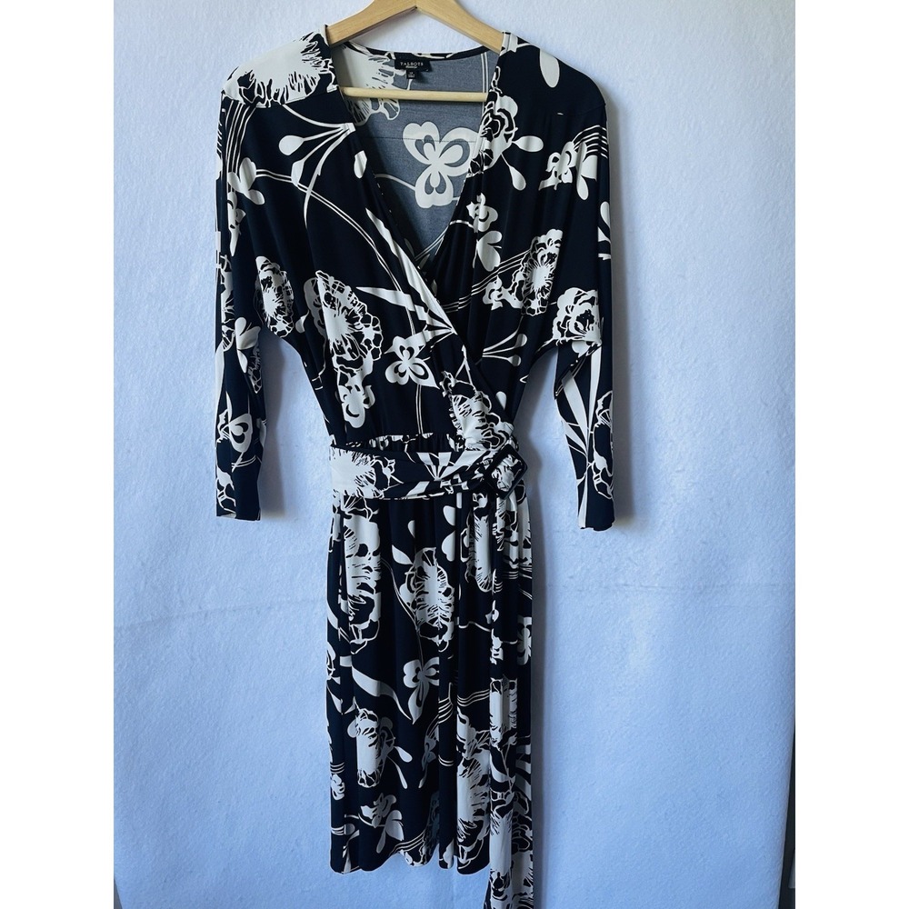 Talbots Womens  8 Floral‎ Faux Wrap Belted Slinky 3/4 Sleeve Dress Black White